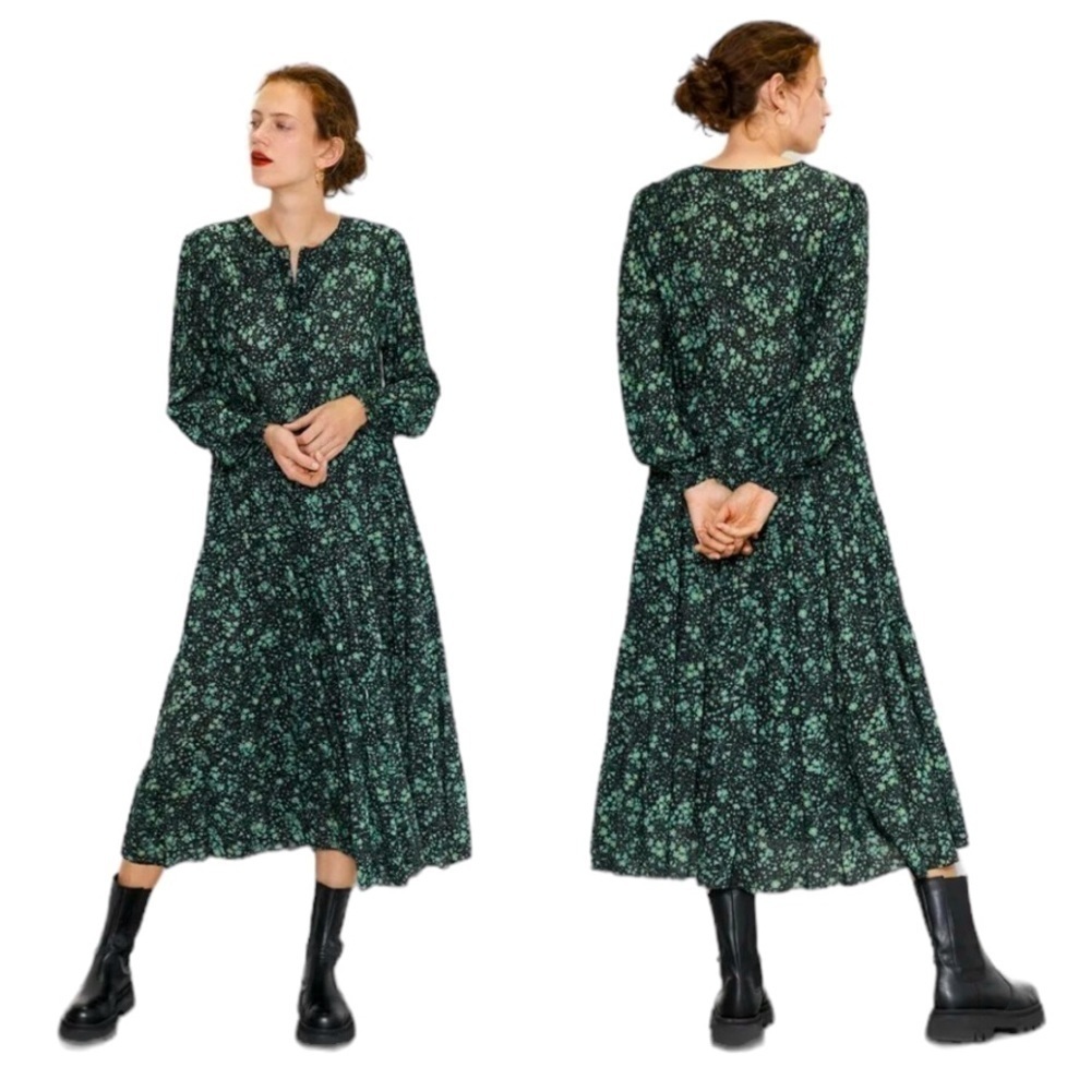 Zara Green and black micro floral print long sleeve midi dress size XS